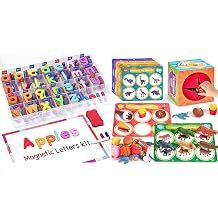 Gamenote Classroom Magnetic Alphabet Letters Kit+JoyCat Sorting Toys with Mystery Play Box for Toddlers 3-5, Dinosaurs, Animals, Fruit, Vehicles, Balls, Food, Tools, Marine Life Learning Play Set