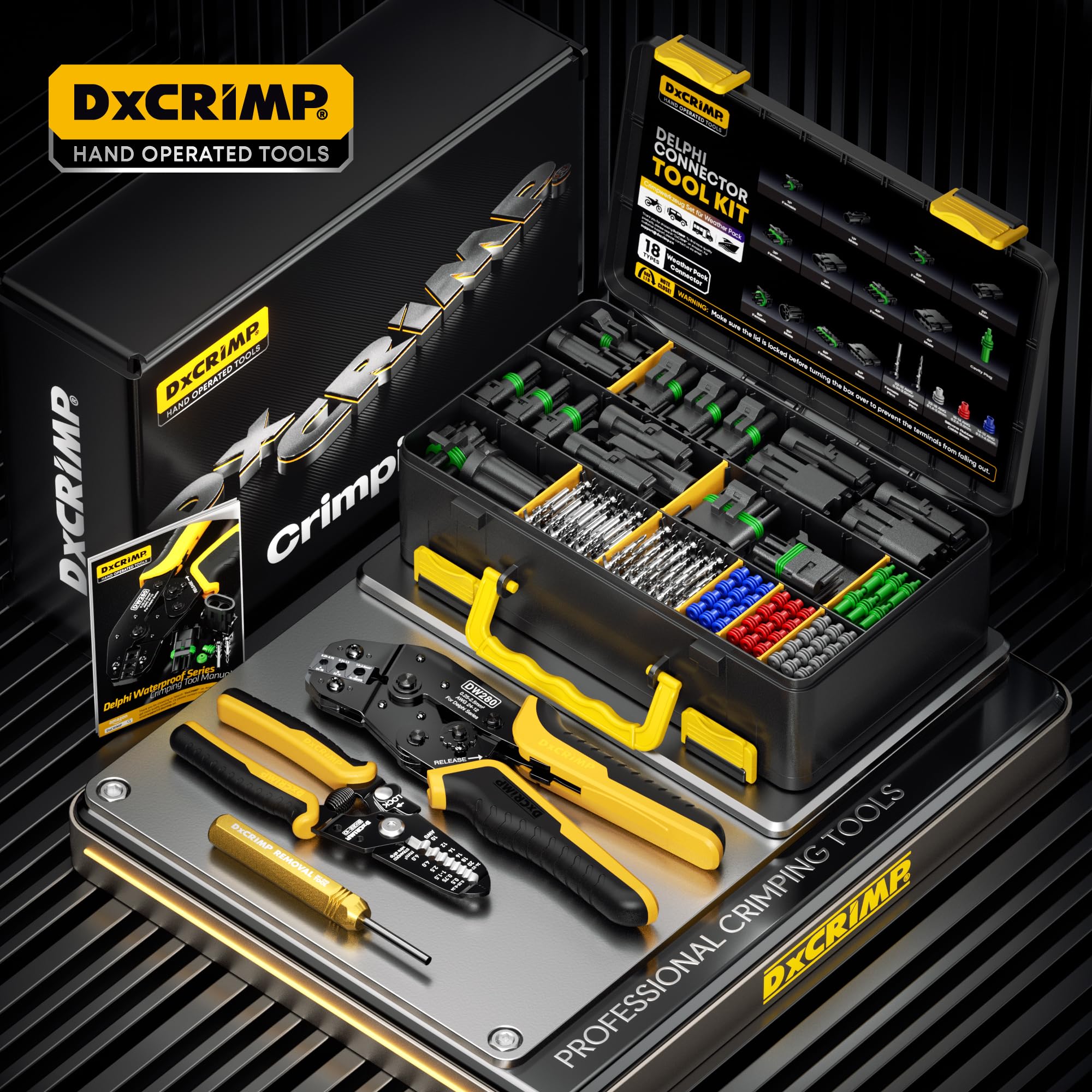 DxCRIMP Kit d'outils à sertir pour pack météo, connecteurs étanches automobiles 1/2/3/4/5/6 broches avec pince à sertir à cliquet 22-12 AWG, pince à dénuder et outil d'extraction, compatible avec