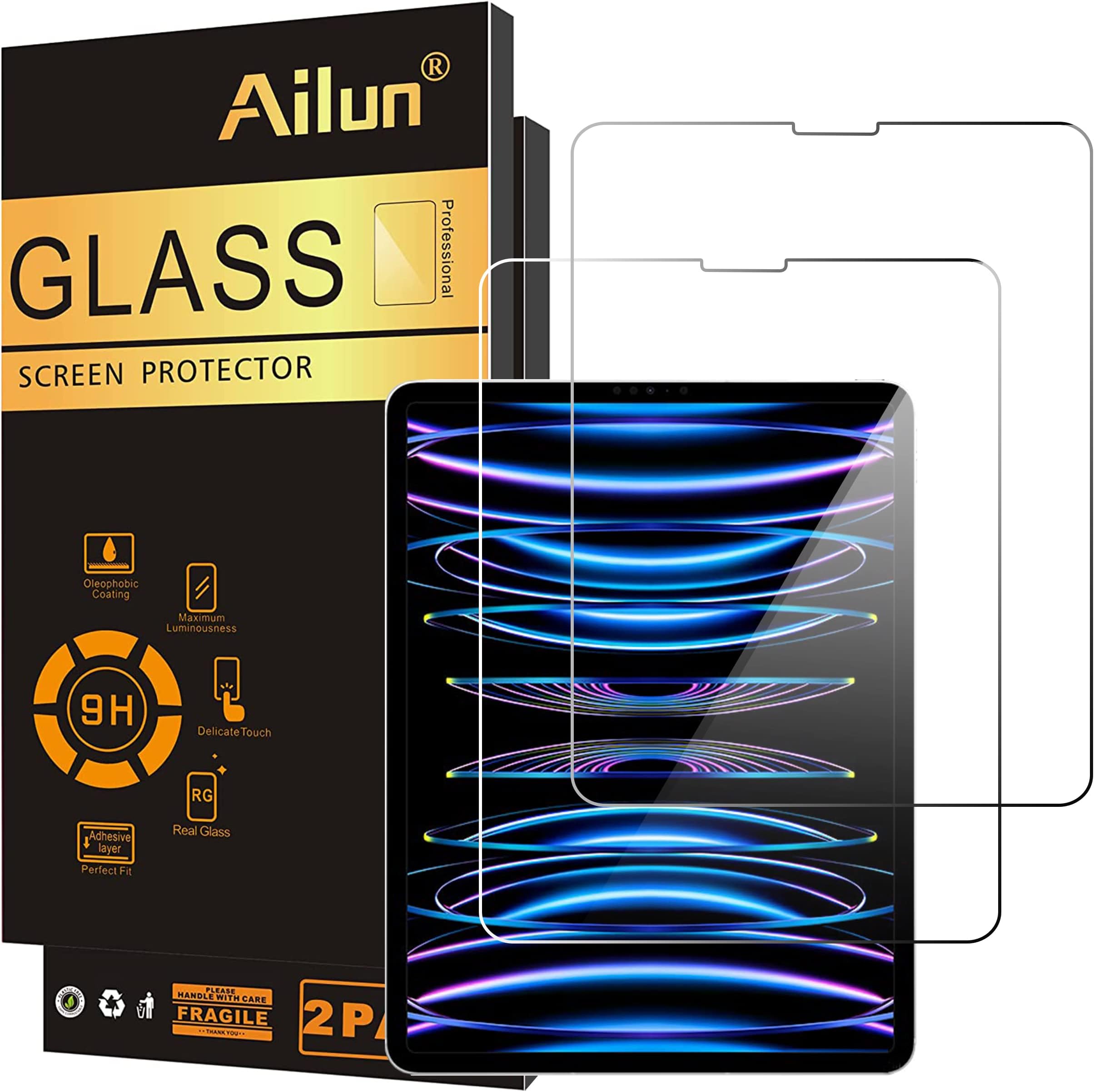 Ailun 2 Pack Screen Protector for iPad Pro 12.9 Inch Display [2022 & 2021 & 2020 & 2018 Release] Tempered Glass [Face ID & Apple Pencil Compatible] Ultra Sensitive Case Friendly