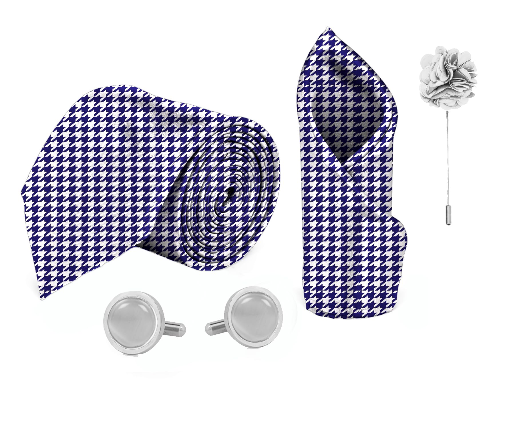 Navy Blue Houndstooth Printed Tie, Pocket Square, cufflink & Lapel Pin Set for Men-image-40