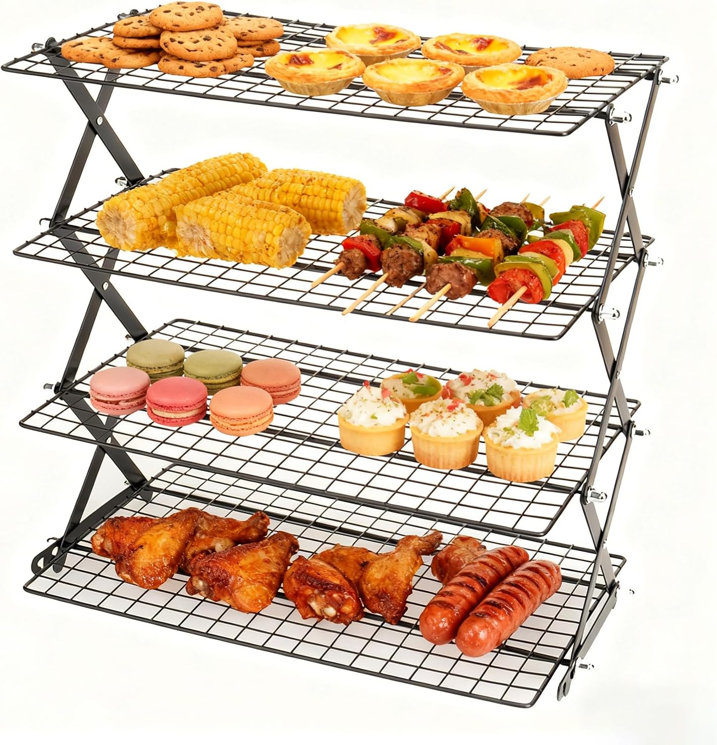 4-Tier Collapsible Cooling Rack - Adjustable Stackable Cooling Rack for Cooking and Baking, 16" x 10" Cookie Cooling Rack, Drying Rack - Black