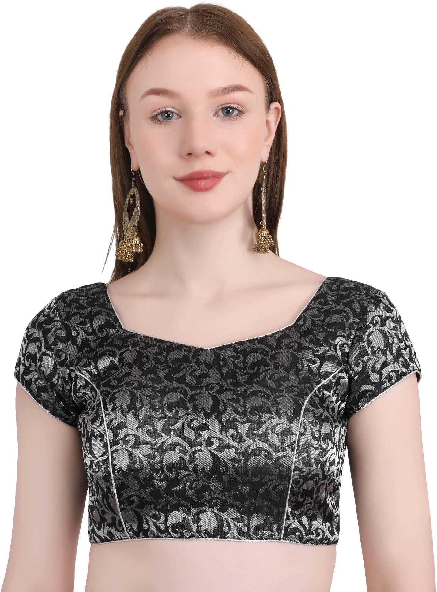GenericWomen's Short Sleeve Brocade (Chanderi) Readymade Stitched Saree Blouse Ready to Wear Half Sleeves Ladies Blouse