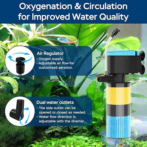 Miniatura 4 de Filtro de acuario de 3 etapas en el tanque, filtro interno pequeño para peces, filtro de bombas sumergibles para tanques de 5 a 20 galones, filtro