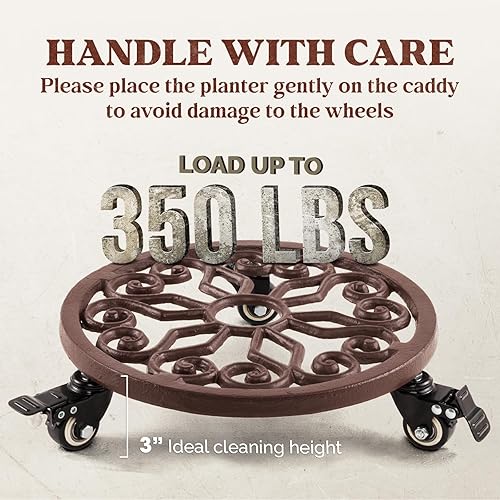 Miniatura 5 de Idzo Carrito de alta resistencia con capacidad de 350 libras, organizador para macetas con ruedas, soporte para plantas de hierro fundido resistente