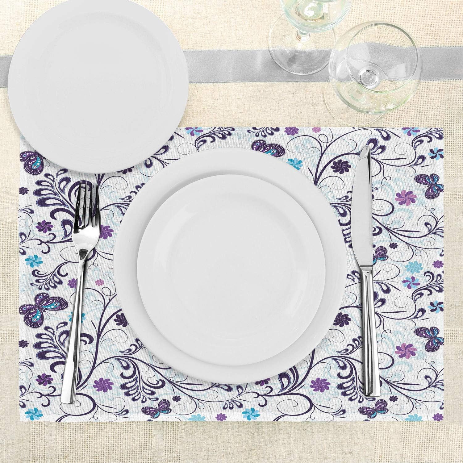 Ambesonne Floral Place Mats Set of 4, Spring with Flying Inspirational Butterflies and Swirls Branches Design, Washable Fabric Placemats for Dining Table, Standard Size, Dark Purple Pale Blue
