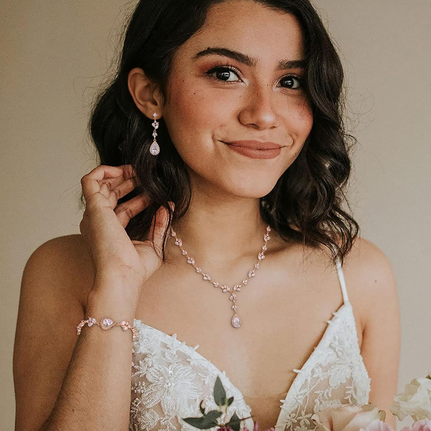 Crysdue Teardrop Bridal Jewelry Set for Wedding Party, Silver/14K/Rose Gold Plated Prom Costume Jewellery for Bride Bridesmaids Women, Cubic Zirconia Necklace Dangle Earrings Bracelet - Image 2