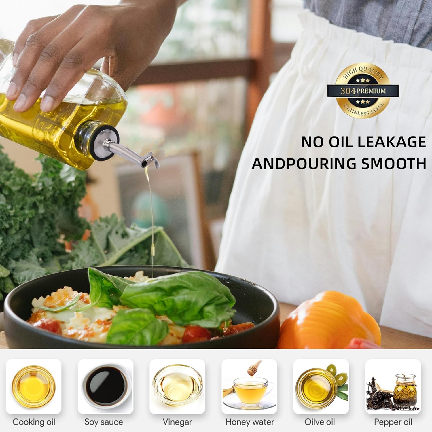 7-Piece Stainless Steel Flip Top Oil Pour Spouts with Funnel - Leakproof Speed Pourer Nozzles for 3/4" Bottles | Universal for Olive Oil, Vinegar & Liquor