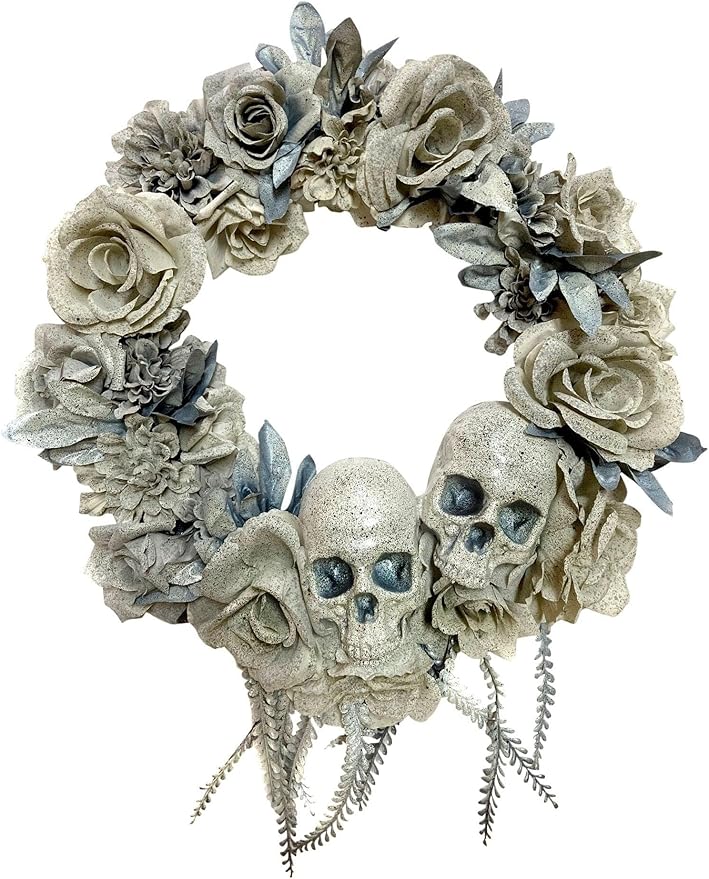 20 Inch Skull & Roses White Wreath Window Wall Decor