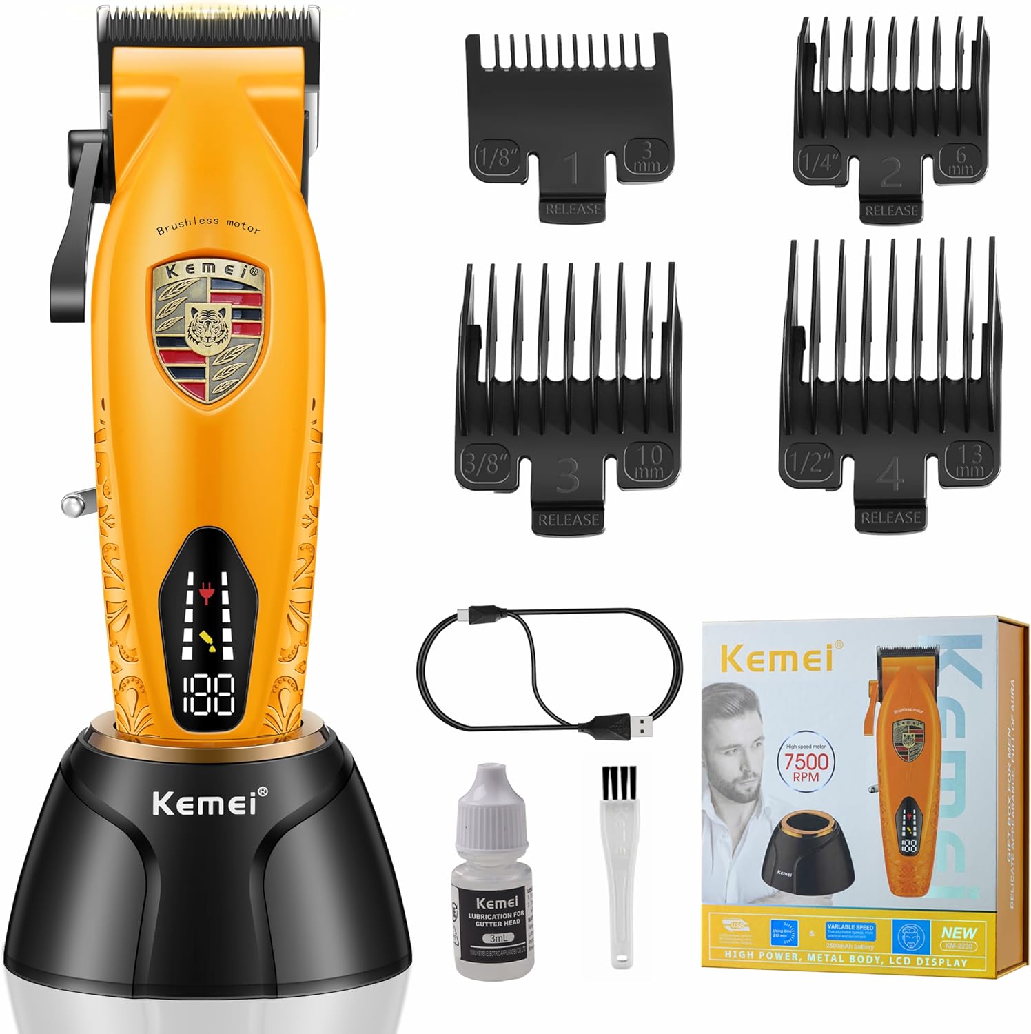 KEMEI Hair Clippers for Men Professional, Barber Clippers for Hair Cutting & Grooming, Cordless Beard Trimmer with Charging Base LED Display KM-2230 Orange