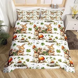 Cute Rabbit Duvet Cover,Rustic Mushroom Botanical Plants Clover Quilt Cover(No Filler),Kawaii Graden Animal Spring Easter Bedding Set with 2 Pillowcases,Boys Girls Room Decor,Full Size