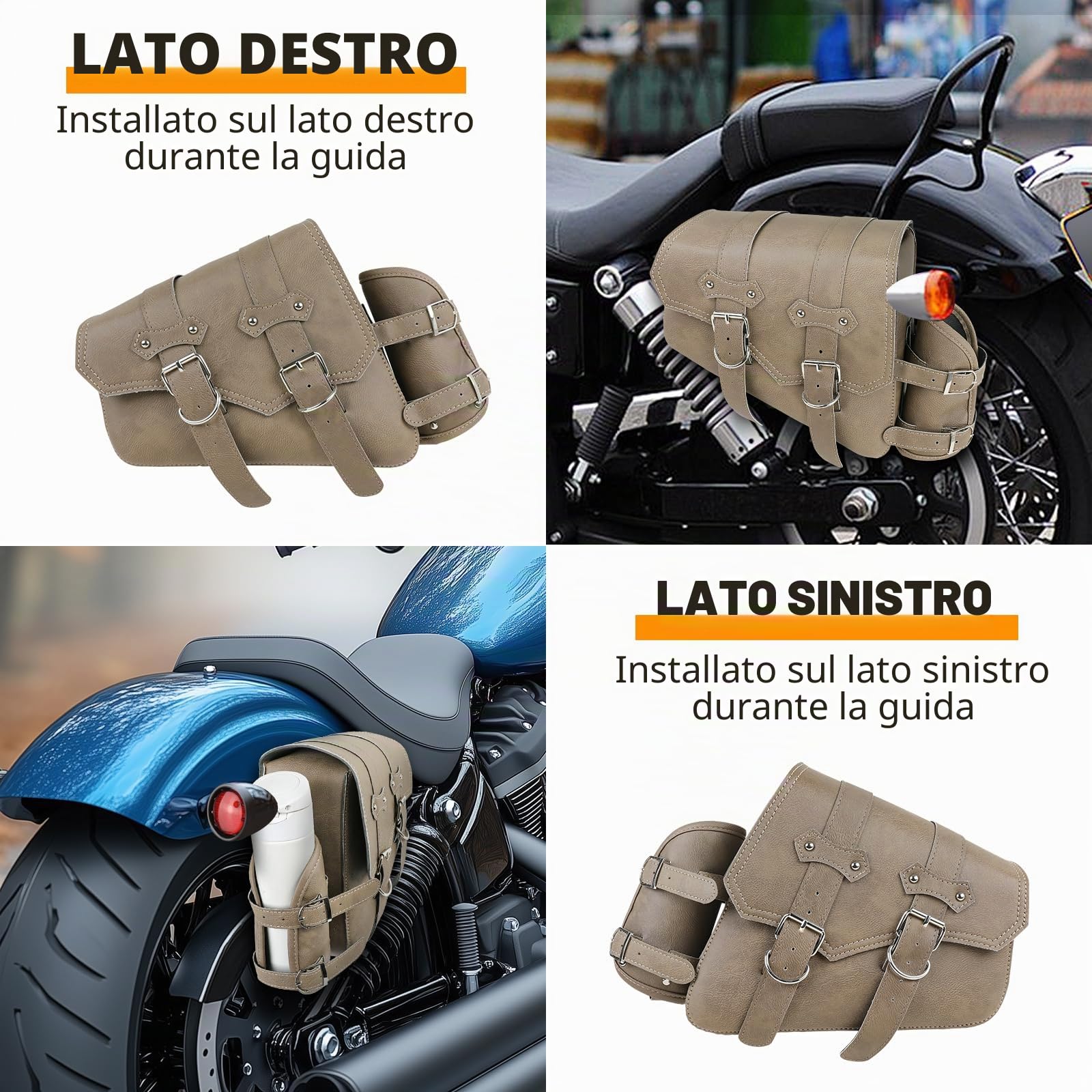 DREAMIZER Borse Moto Laterali in Pelle Sintetica Borsa da Sella Universale con tasca per Borraccia Accessori per Moto Impermeabili Compatibile con Harley Honda Kawasaki Suzuki Yamaha