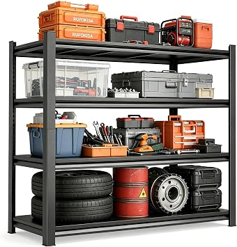 46W Garage Shelving Heavy Duty Metal Storage Shelves Series, Large Industrial 4tier Shelving Unit for Basement, Business, Factories, Commercial, Warehouse and Workshop 54Hx46Wx16D, Black