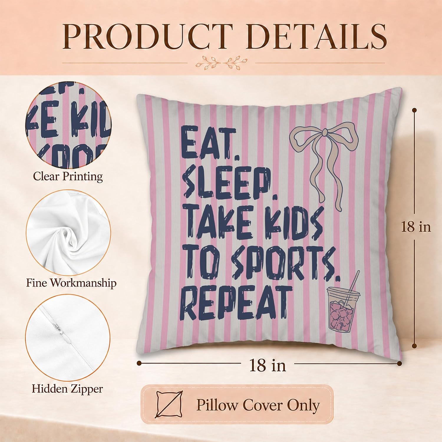 Coquette Funny Sports Mom Pillow Cover 18x18, Eat Sleep Take Kids to Sports Repeat Game Day Pink Striped Decorative Pillow Cover Pillowcase for Dorm Bedroom Living Room Home image 4