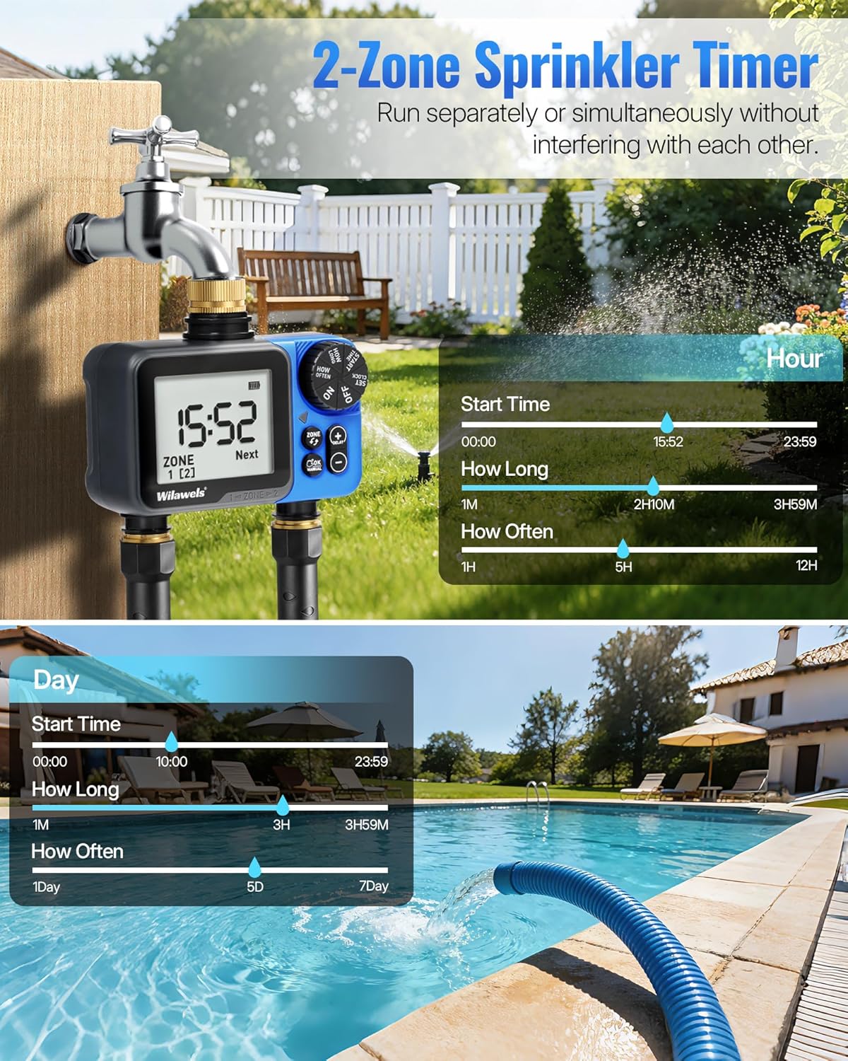 Brass Water Timer for Garden Hose, 2 Zone Sprinkler Timer, Automatic Irrigation System/Rain Delay/Manual Watering, Programmable Watering for Lawn, Yard, Drip Irrigation C92WT06