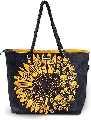 Skullistic Sunflower Skulls Black Shoulder Bag - Beach, Travel & Gym, Thick Canvas, L18.5 x H13.5 x W5