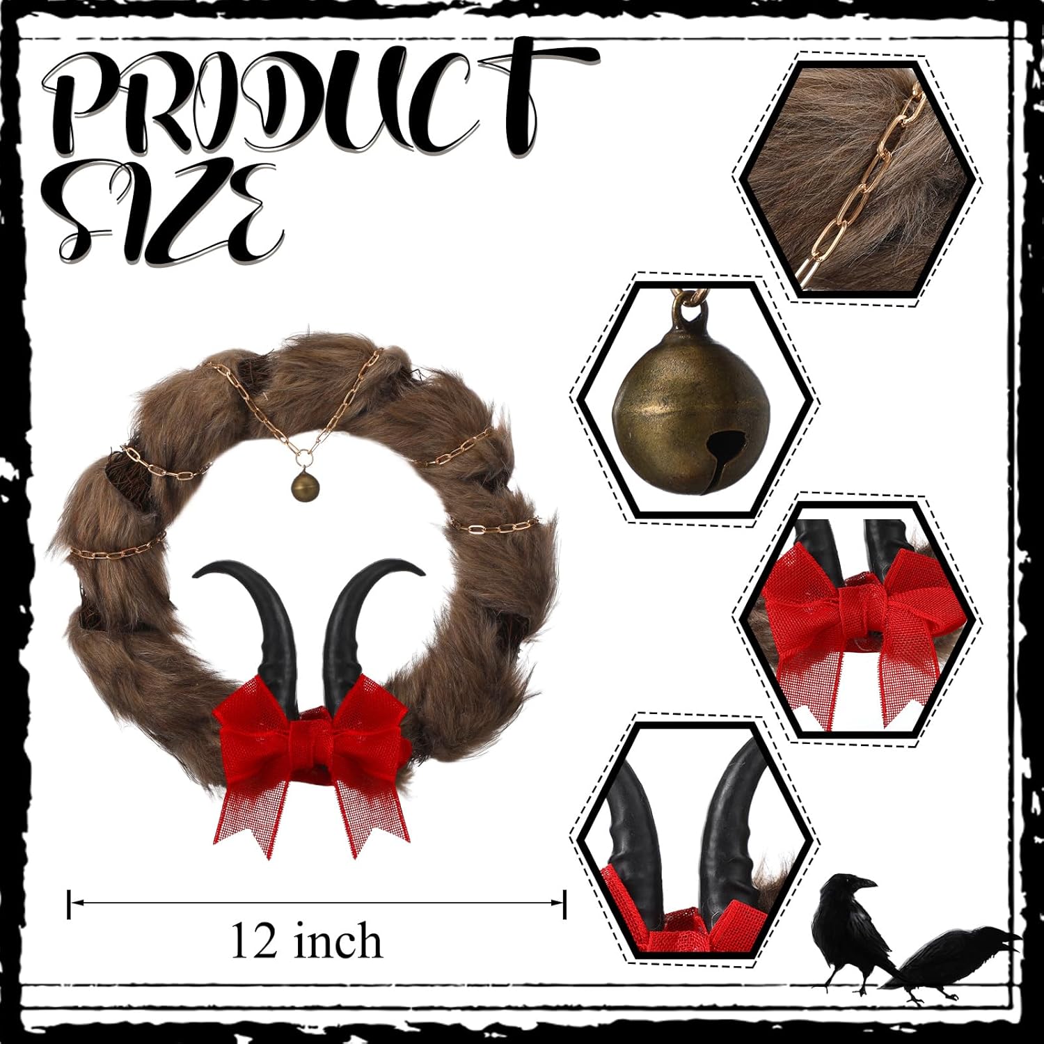 Yunlly 12 Inch Christmas Krampus Wreath Christmas Wreaths for Front Door Scary Horror Krampus Decorations with Horns Faux Fur Red Bow Bells Gothic Holiday Decor for Halloween Xmas Krampusnacht Party