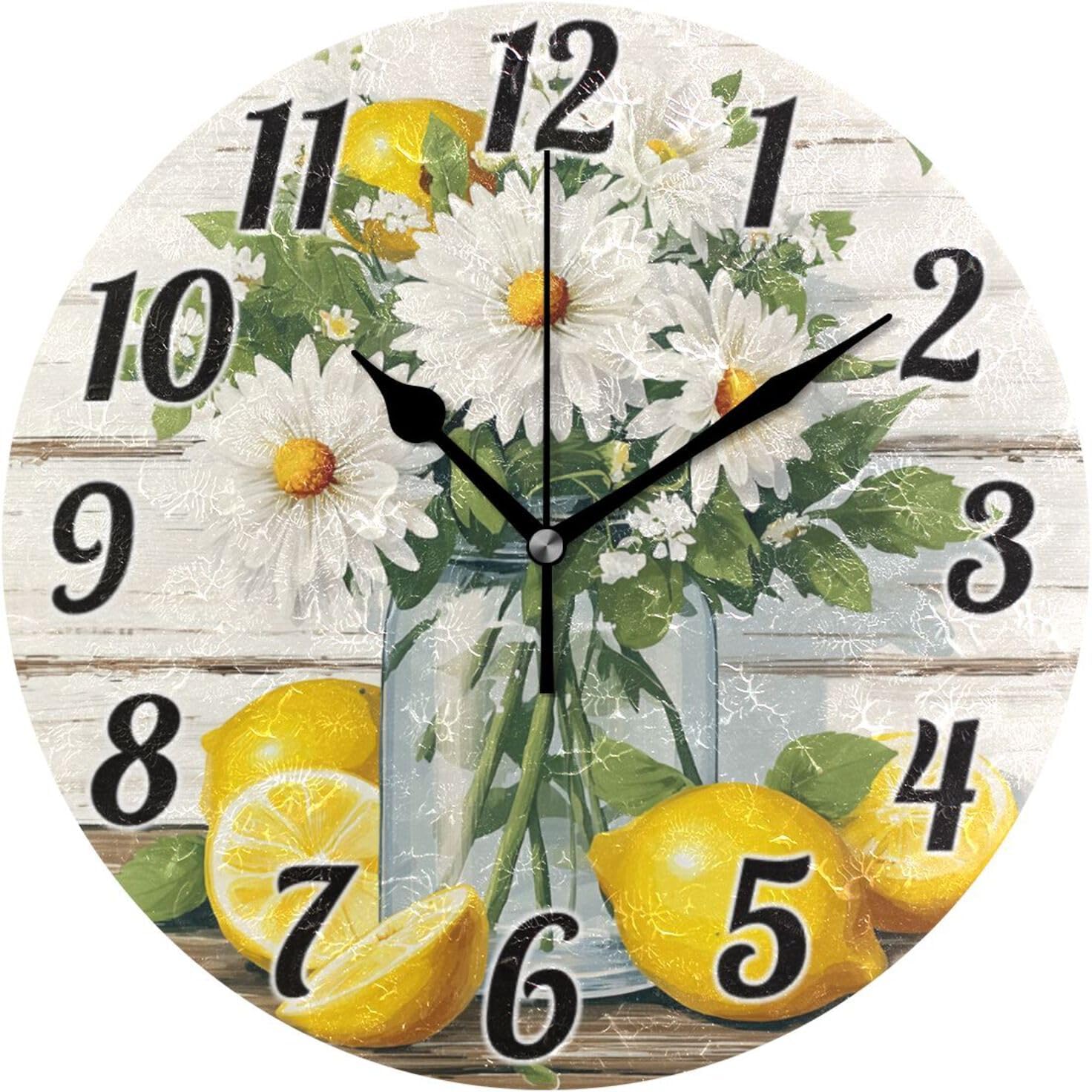 ALAZA Lemon Daisy Flower Garden Wall Clock Battery Operated Clock Silent 9.5 Inch Non Ticking Wall Clocks for Bedroom Living Room Decorative
