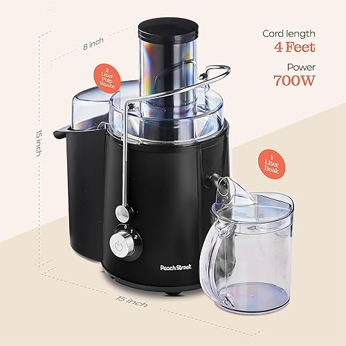 Miniatura 7 de Peach Street Exprimidor centrífugo de 700 W, extractor de jugo, alimentador de 3 pulgadas de ancho para frutas enteras, verduras, con filtro de