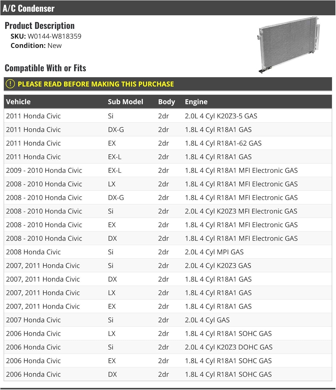 A/C Condenser - Compatible with 2006-2011 Honda Civic 2-Door