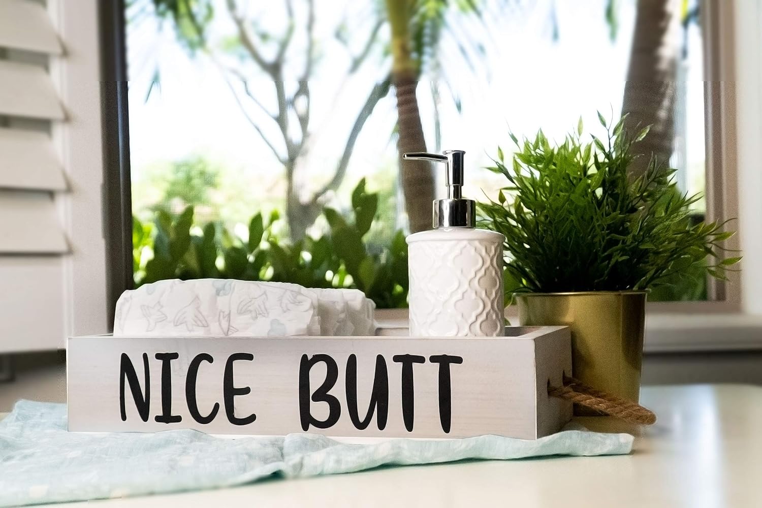 Nice Butt Bathroom Decor Box, 2 Sides with Funny Sayings -Perfect for Farmhouse Bathroom Decor, Rustic Bathroom Decor, Funny Toilet Paper Holder -Toilet Paper Storage, Bathroom Signs (White)