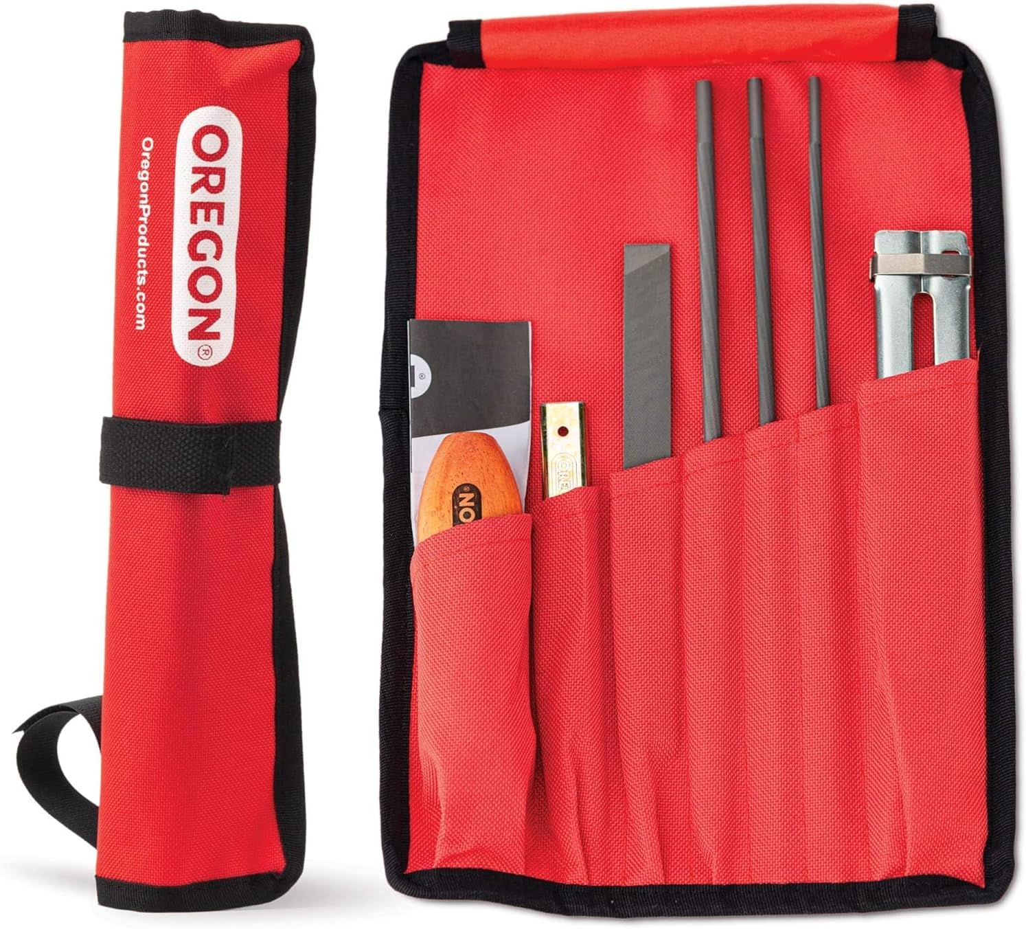 Oregon Universal Portable Sharpening Kit in its roll-up pouch, showing the various files u għodod.