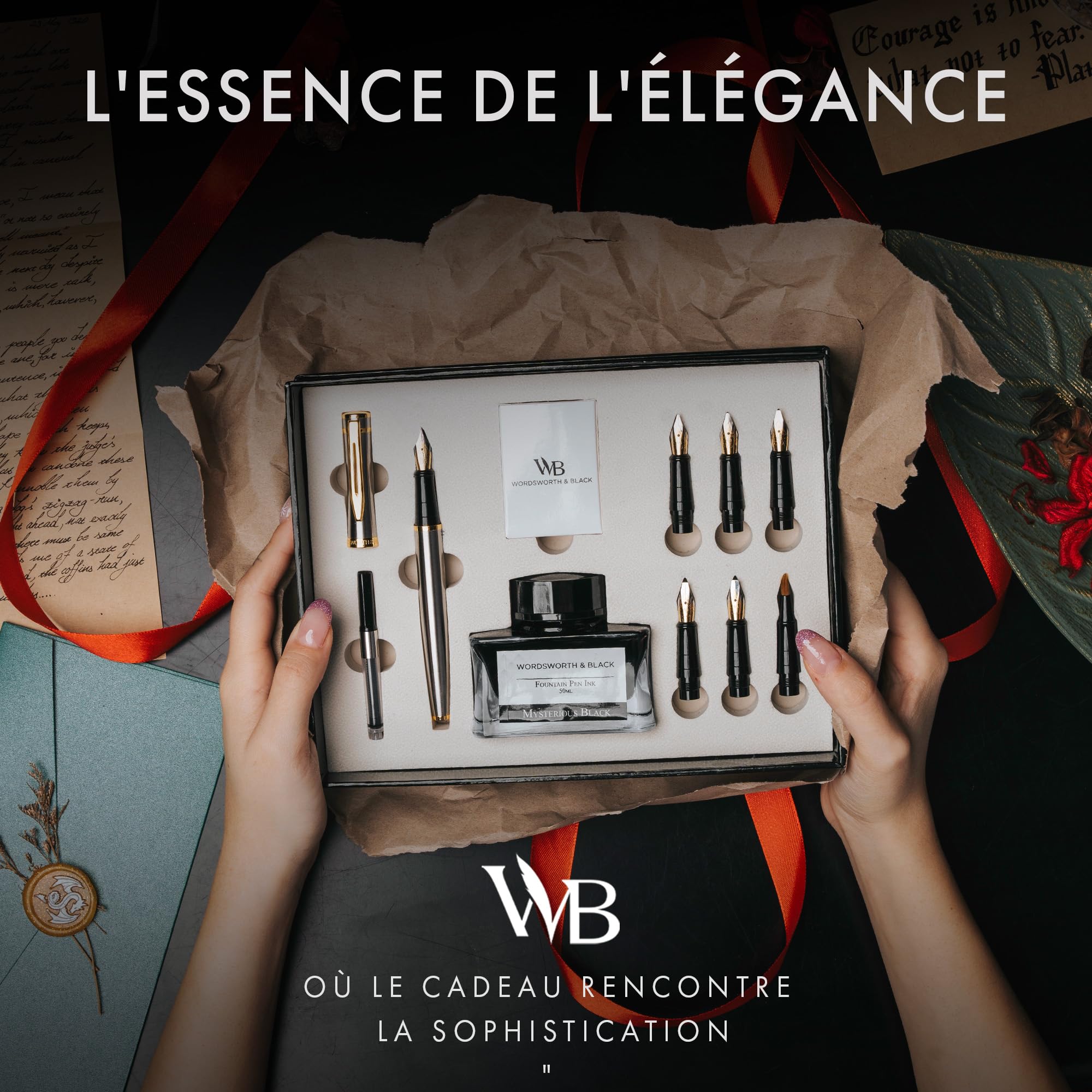 Wordsworth & Black Ensemble de Cadeau Stylo Calligraphie, Bouteille encre, 6 Cartouches, Convertisseur de Recharge, 6 Pointes de Rechange, Paquet Premium [Argent Or]