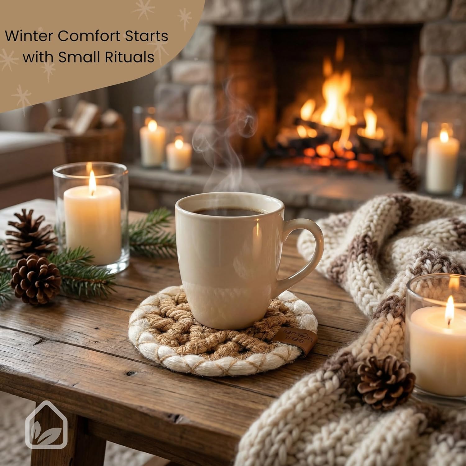 Braided Placemats Set Waterproof Table Runner Table Mats Handmade Place Mats for Kitchen Dining Party Table Decor (White & Natural, 5.12Inch 6PCS Coaster)