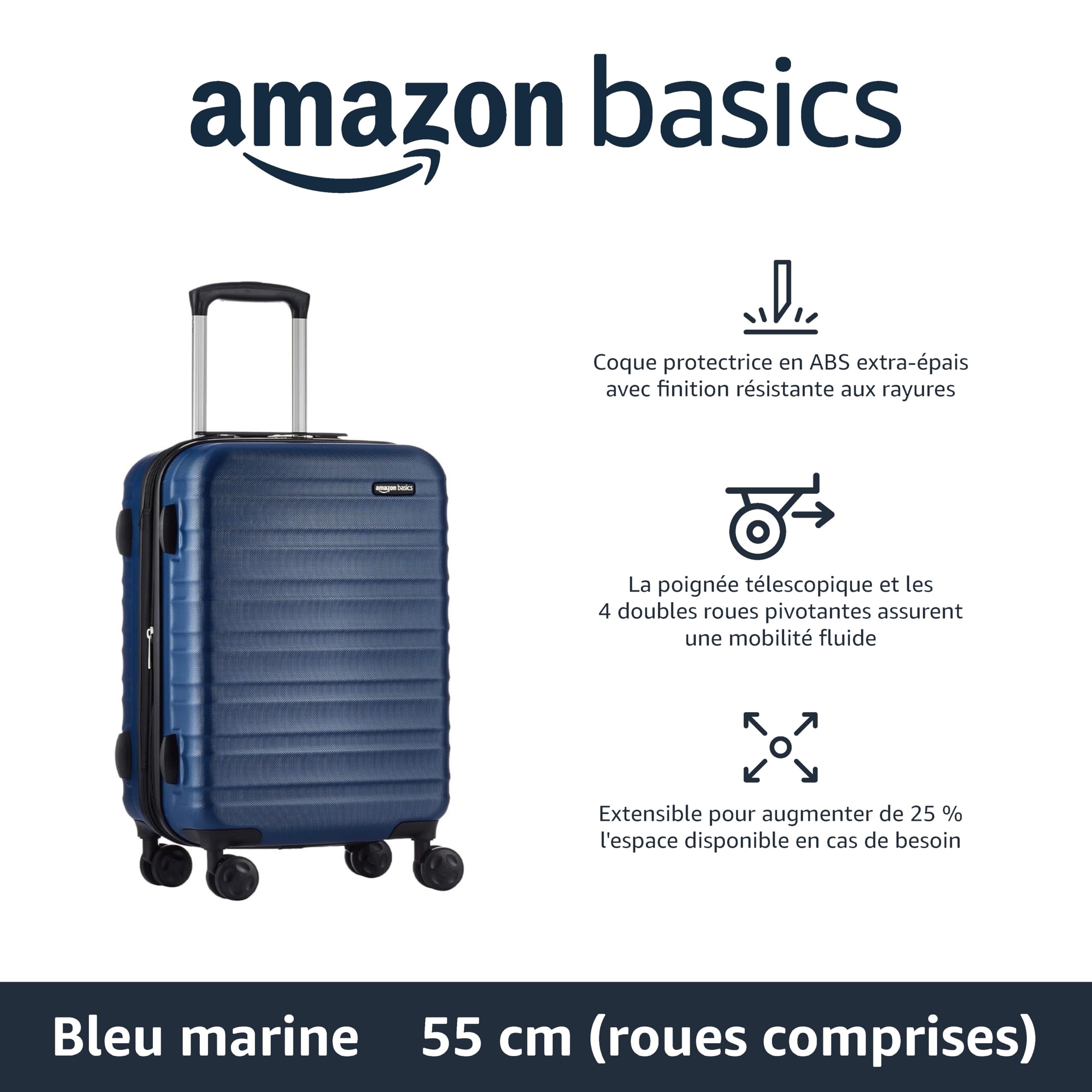 Amazon Basics Bagage de Cabine Extensible Rigide - Bagage de Voyage en ABS avec 4 Doubles Roues Rotatives - Structure Légère et Anti-Rayures - 37,5cm x 25,5cm x 55,0cm - Bleu Marine - 2