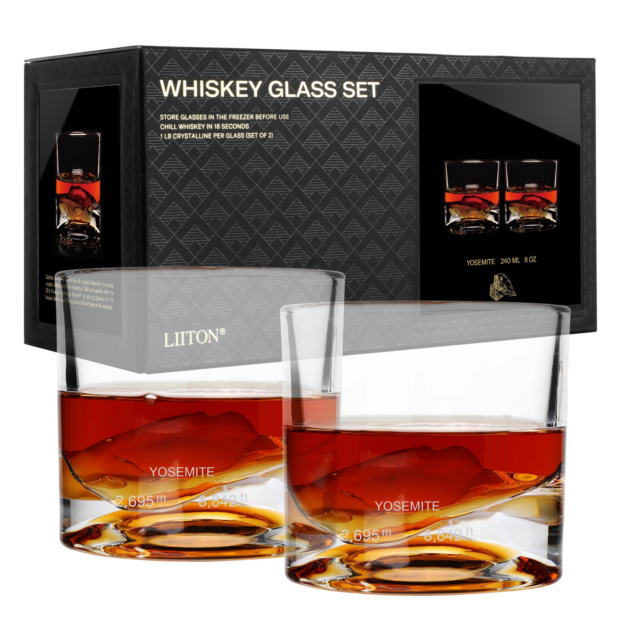 LIITON Yosemite Heavy Crystal Whiskey Glasses Gift Set of 2, Thick Freezable Bourbon Glass 1lb Each, Premium Whiskey Gifts for Men, Frozen Crystal Chills Cocktails, 10 oz