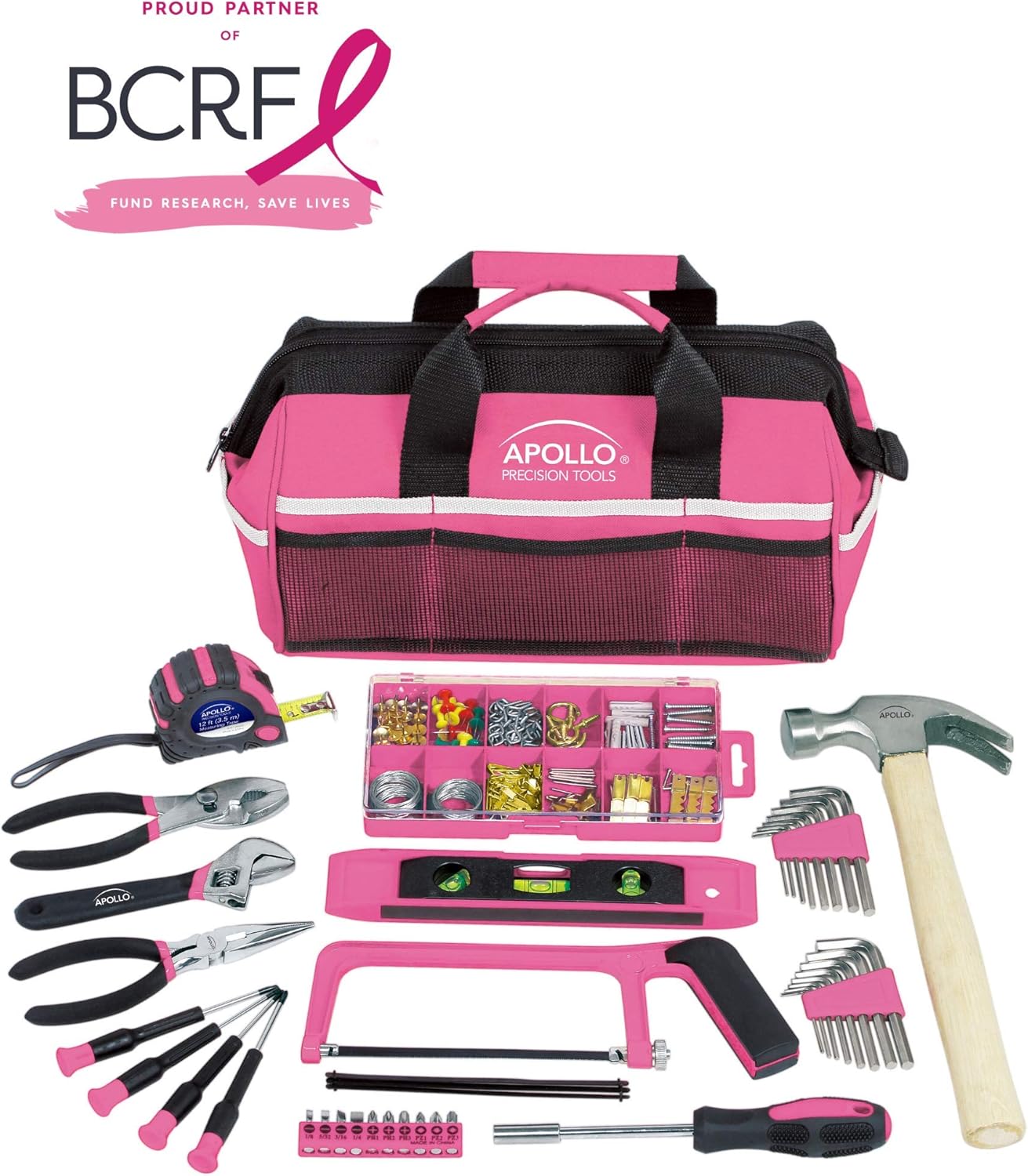 Apollo Tools 201 Piece Home Tool Set, Pink Tool Set Includes Hacksaw, Picture Hanging Assortment, and Selection of Most Needed Tools in Sturdy Tool Bag - Pink Ribbon - DT0020P