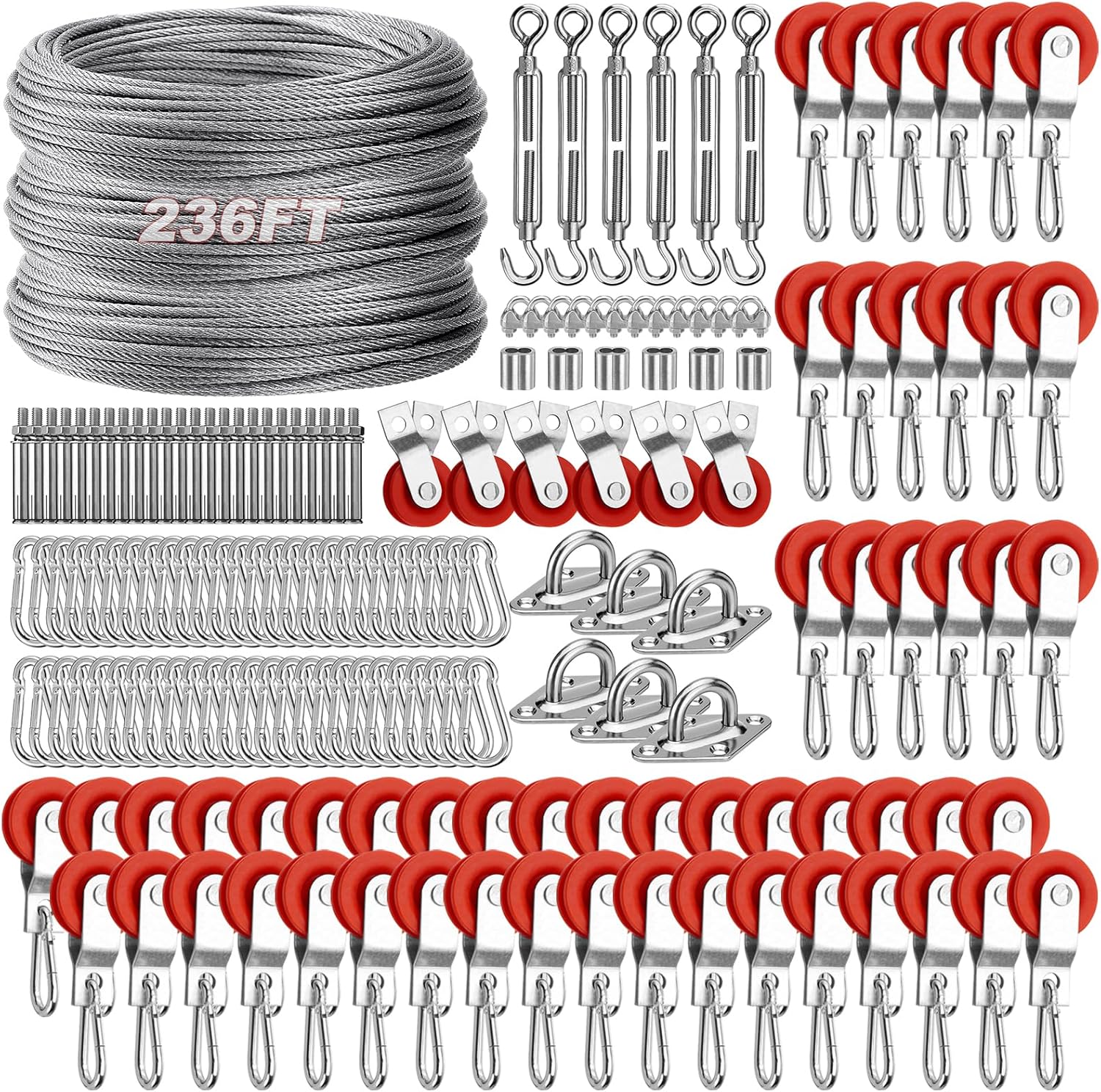 Batting Cage Cable Kit for 55FT Nets + 54 Sets 1-7/8" Nylon Pulley Kit DIY for Backyard/Facilities/School Baseball Softball Hitting Tunnels