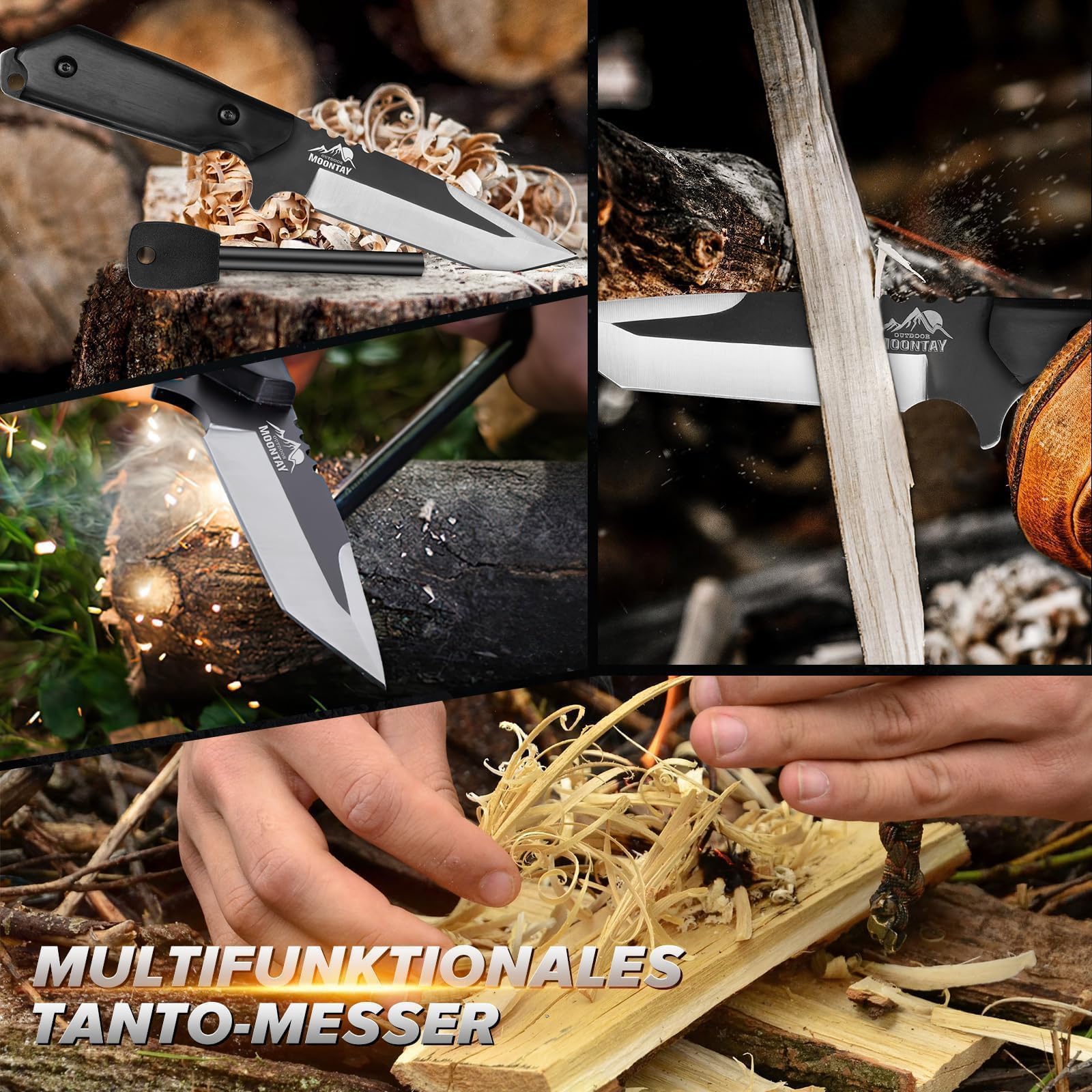 Moontay Cuchillo de Supervivencia con Pedernal, Hoja Fija Tanto de Acero 440C, Cuchillo de Caza con Funda, Full Tang con Mango de Madera, Cuchillo Multiusos Camping, Regalo para Hombres