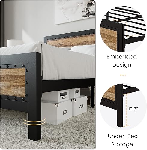 Miniatura 5 de SHA CERLIN Armazón de Cama Resistente de Tamaño Completo, Base de Plataforma de Metal con Cabecera y Pie de Cama de Madera con Remaches, Soporte de