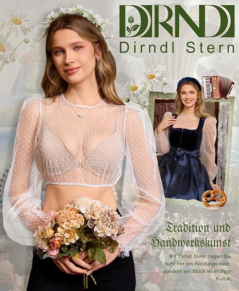 DIRNDLSTERN Bluse Damen Langarm – Dirndlbluse Transparent mit Punkten Trachtenbluse Puffärmel für Oktoberfest & Bayerische - 2