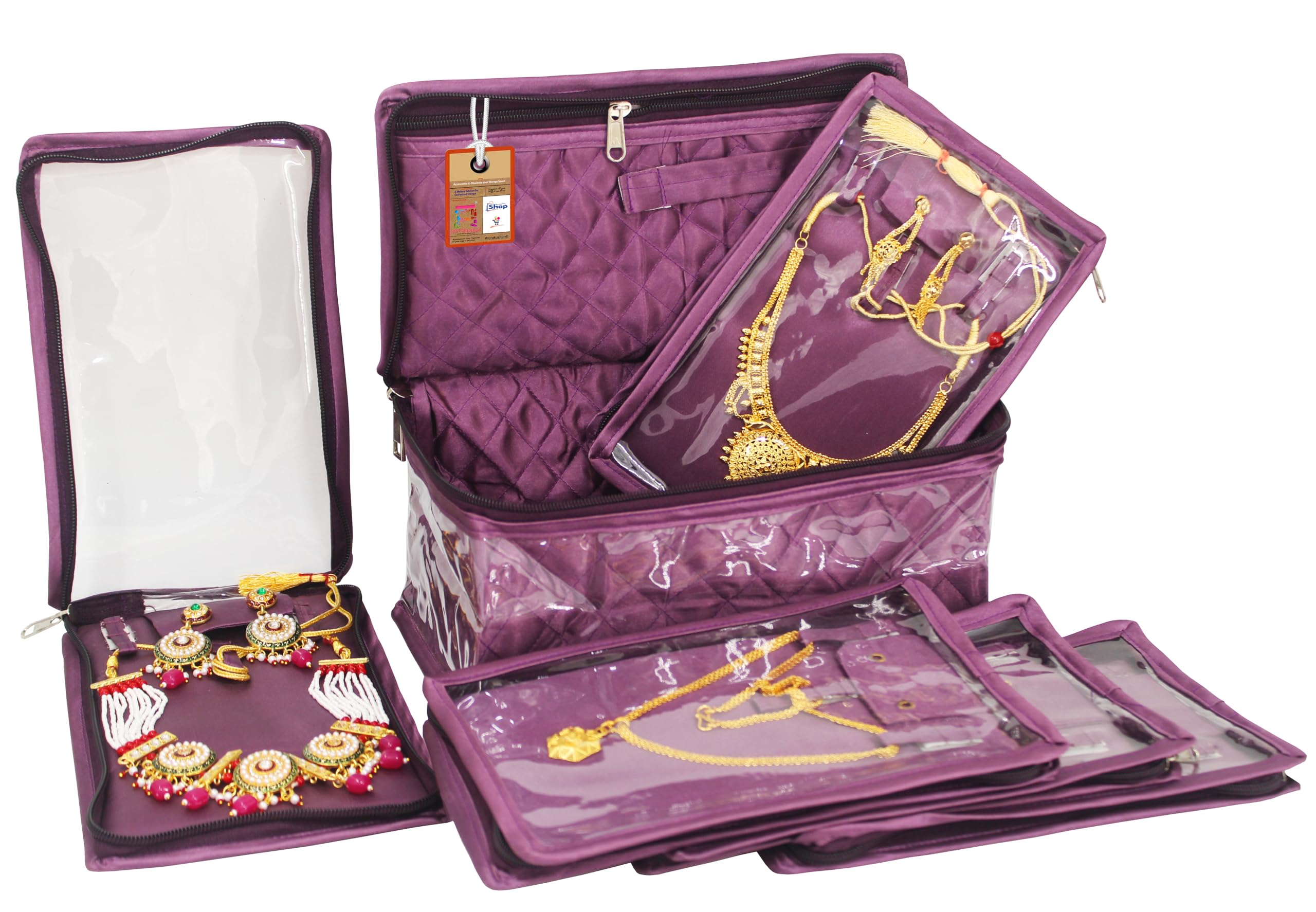 atorakushon Satin Makeup Pouches Cosmetic Necklace Earrings Jewellery Organizer For Women Maroon (Purple)