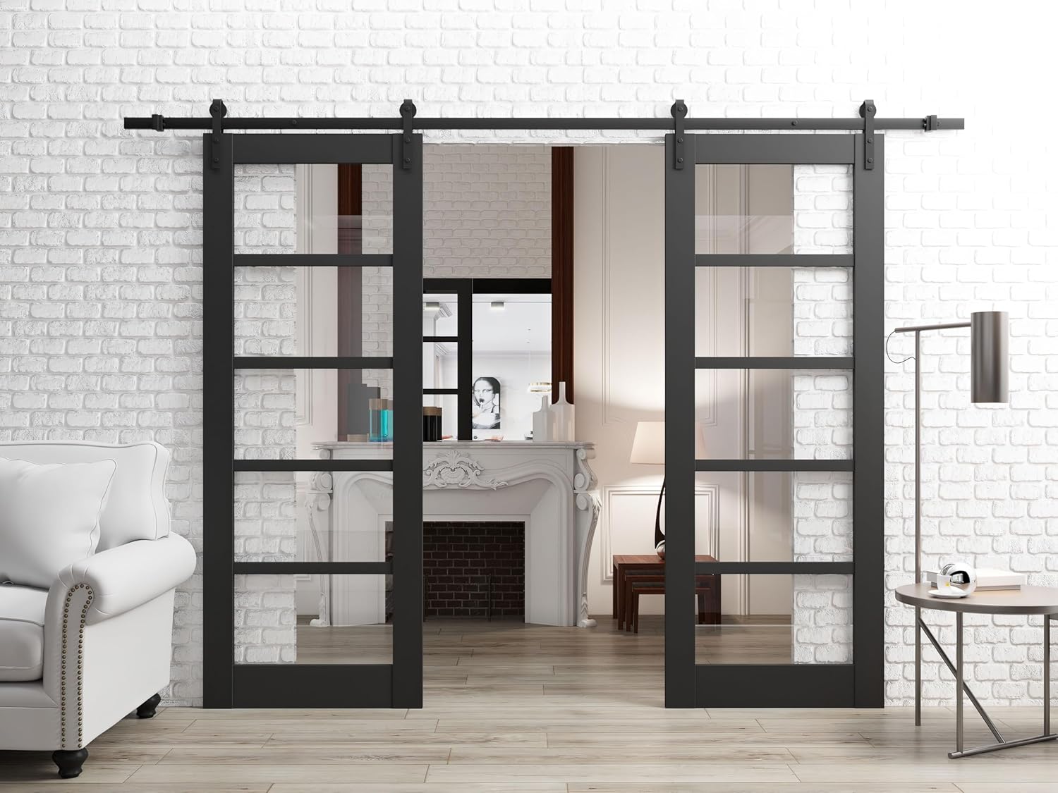 SARTODOORS Quadro 4522 | Interior Sliding Double barn Doors with Clear Glass, MDF, 30x96, Black, Modern Style | Hardware Included