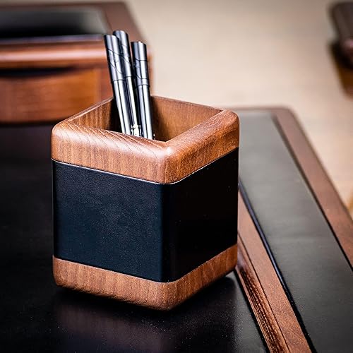 Miniatura 4 de Dacasso Portavasos para lápicesbolígrafos de cuero negro y nogal para escritorio, decoración ejecutiva de lujo y organización de oficina esencial