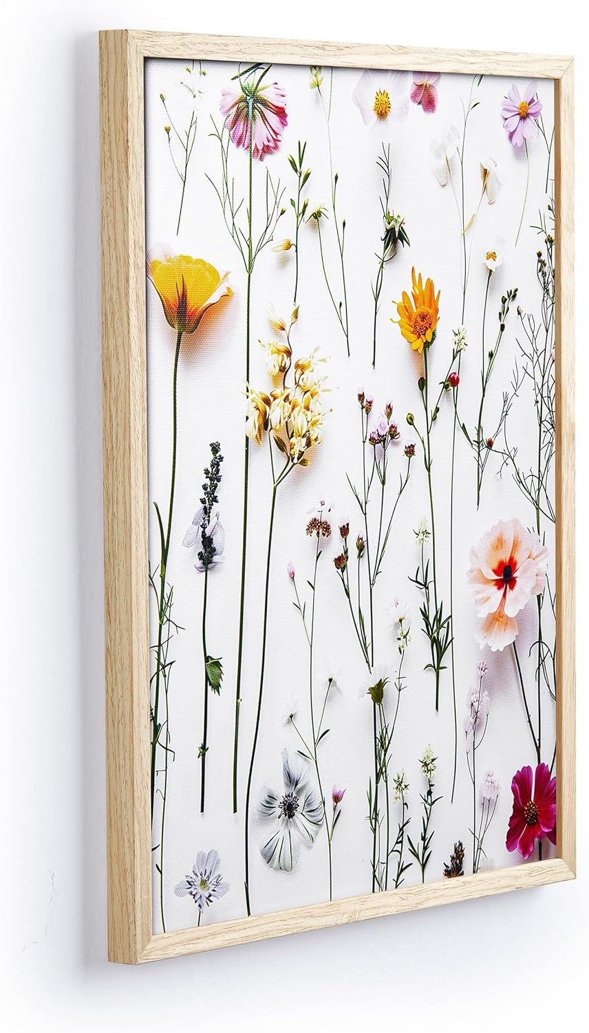 iHery Natural OAK Wood Framed Bright Floral Wall Art, 12x16 in Set of 3 Colorful Wildflower Canvas Prints, Beige Narrow Frame Botanical Watercolor Flowers Decor For Bedroom Living Room