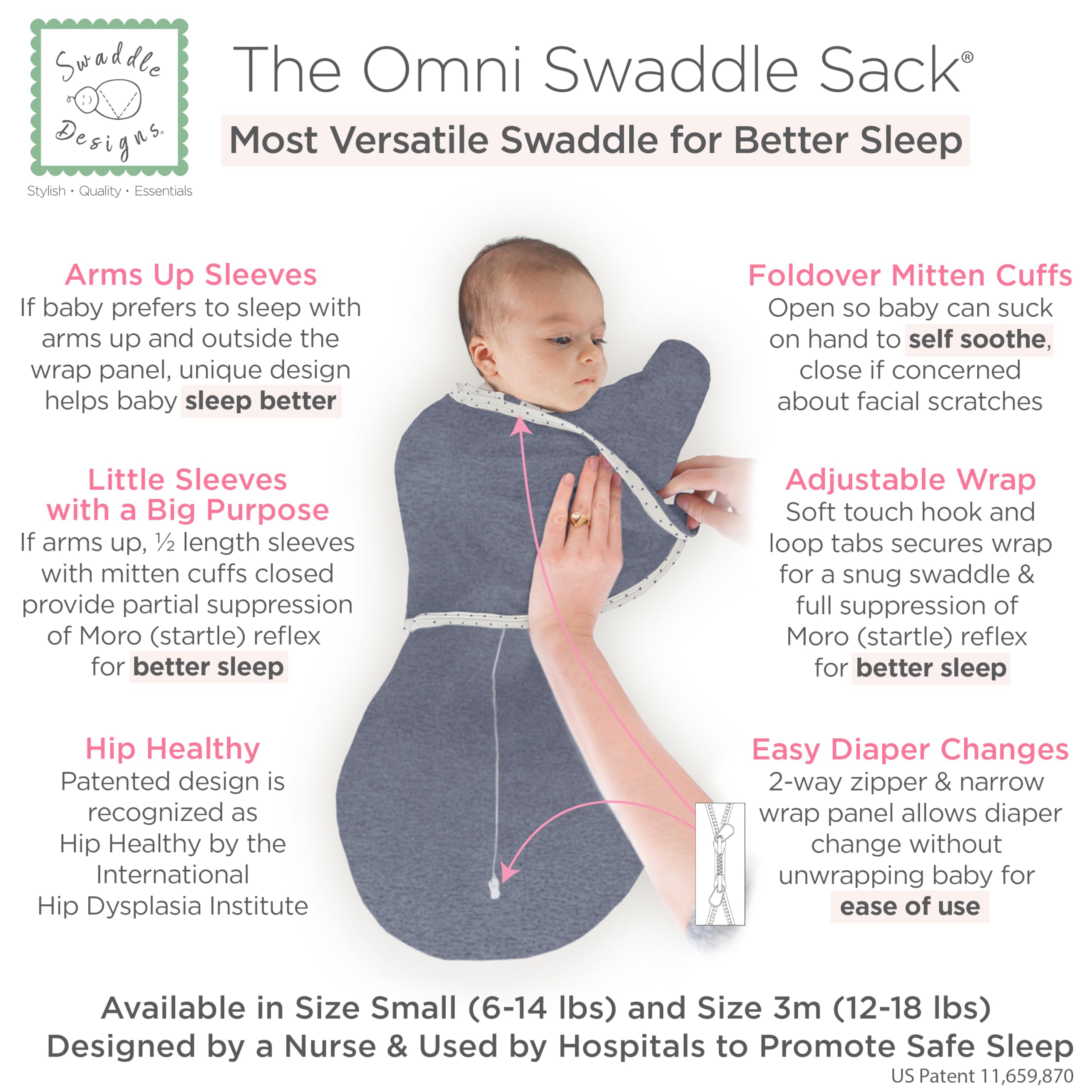SwaddleDesigns 6-Way Omni Swaddle Sack, Baby Swaddle Blanket 0-3 Months with Arms Up Sleeves & Adjustable Wrap - Image 2