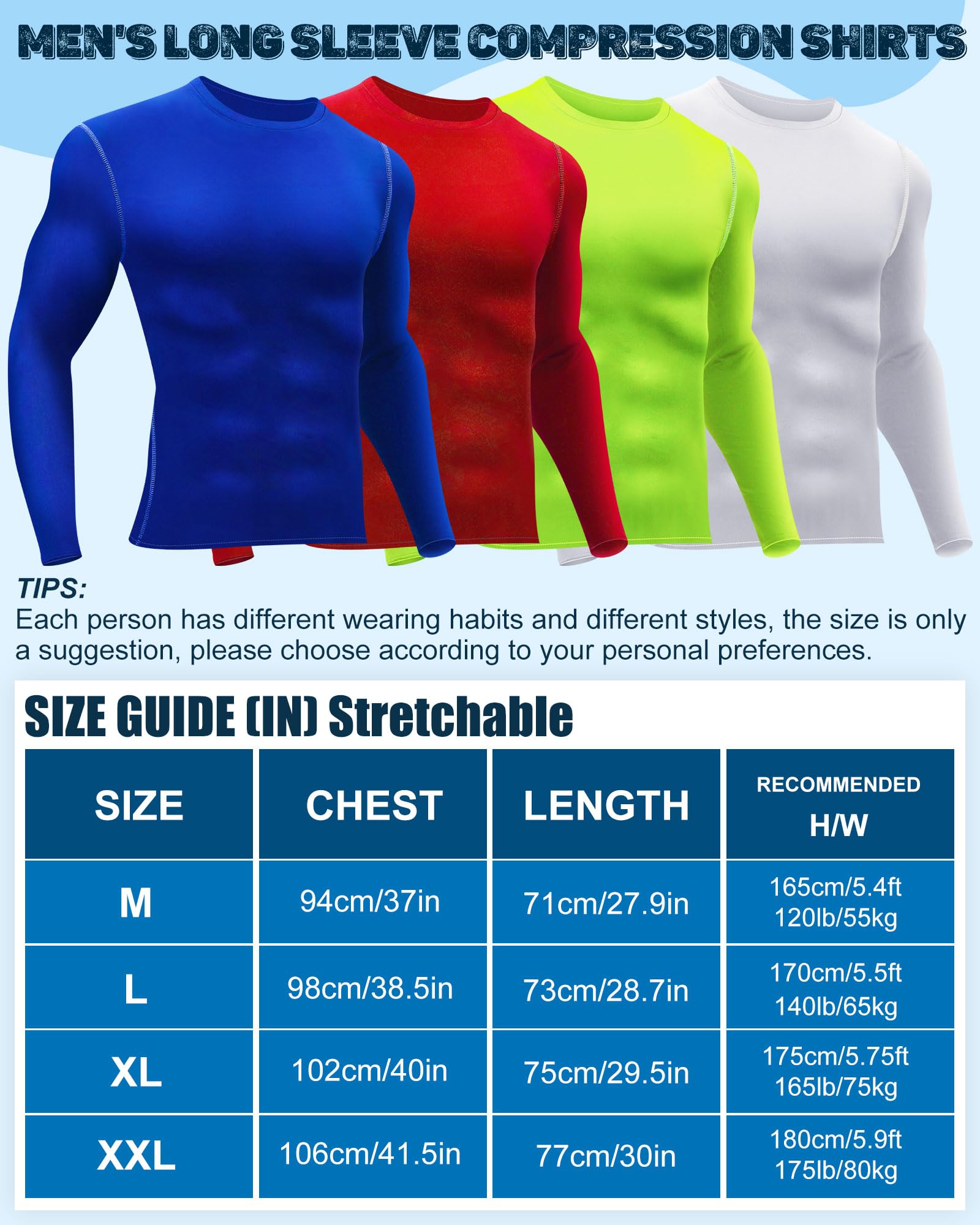 Hicarer 4 Pack Compression Shirts for Men Long Sleeve - Workout Base Layer Undershirt Top for Athletic Gym Running(X-Large,Red, Green, Blue, White)