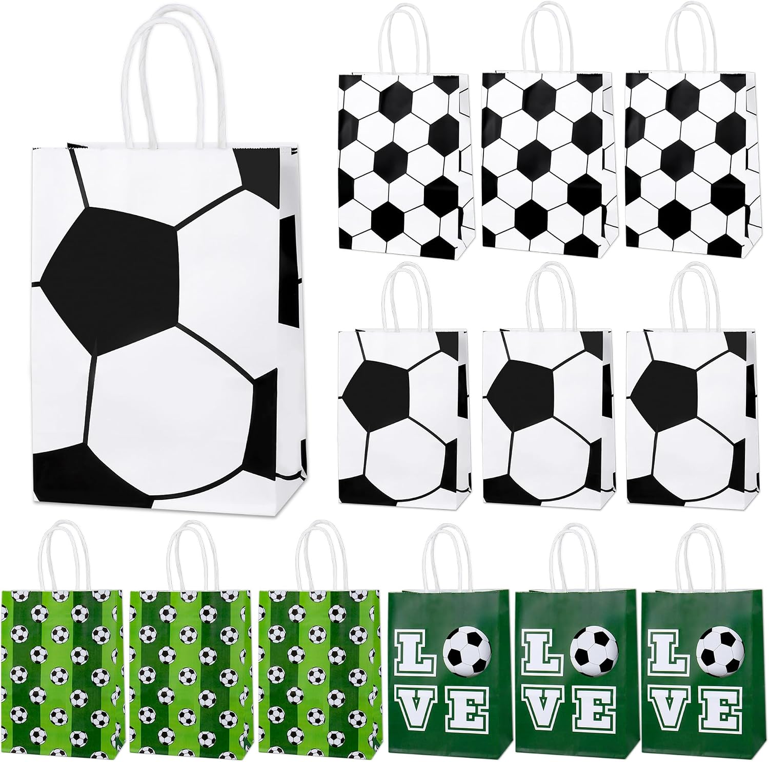 ZYLOP 12 Pack Soccer Party Favor Bags - Kraft Paper Soccer Goodie Bags with Handles for Kids Birthday, Sports Themed Party Gift Bag for Team Treat Snacks Supplies - 4 Assorted Designs