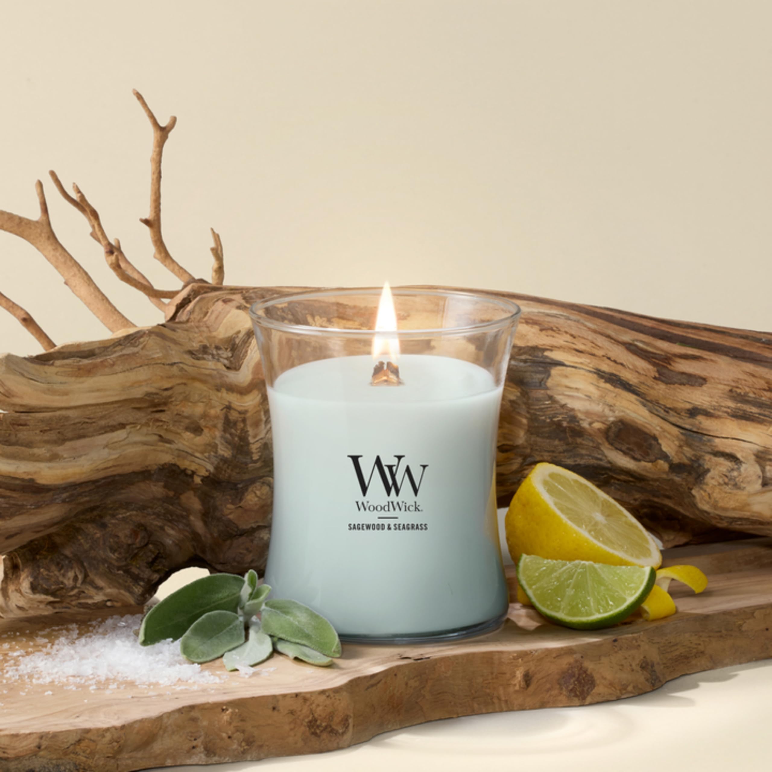 WoodWick Candela a clessidra media, Sagewood e Seagrass, 10 once.