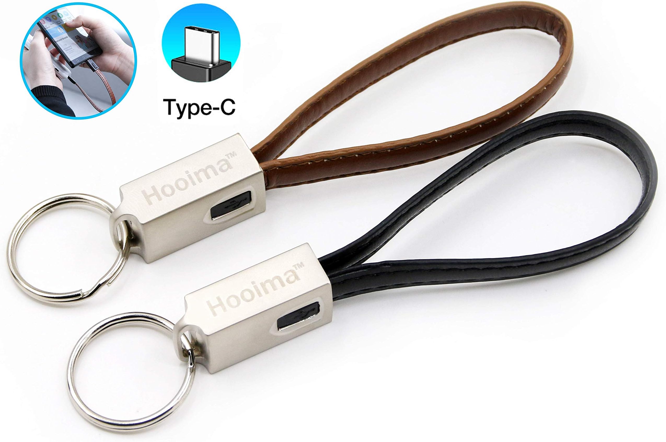 PowerOnKey - Leather USB C Cable Kaychain (Pack of 2): Fast Charging and Data Transfer Cord for Android Devices, Stylish Fast Smartphone Cable, Discreet Key Chain Ring Design – Black & Brown