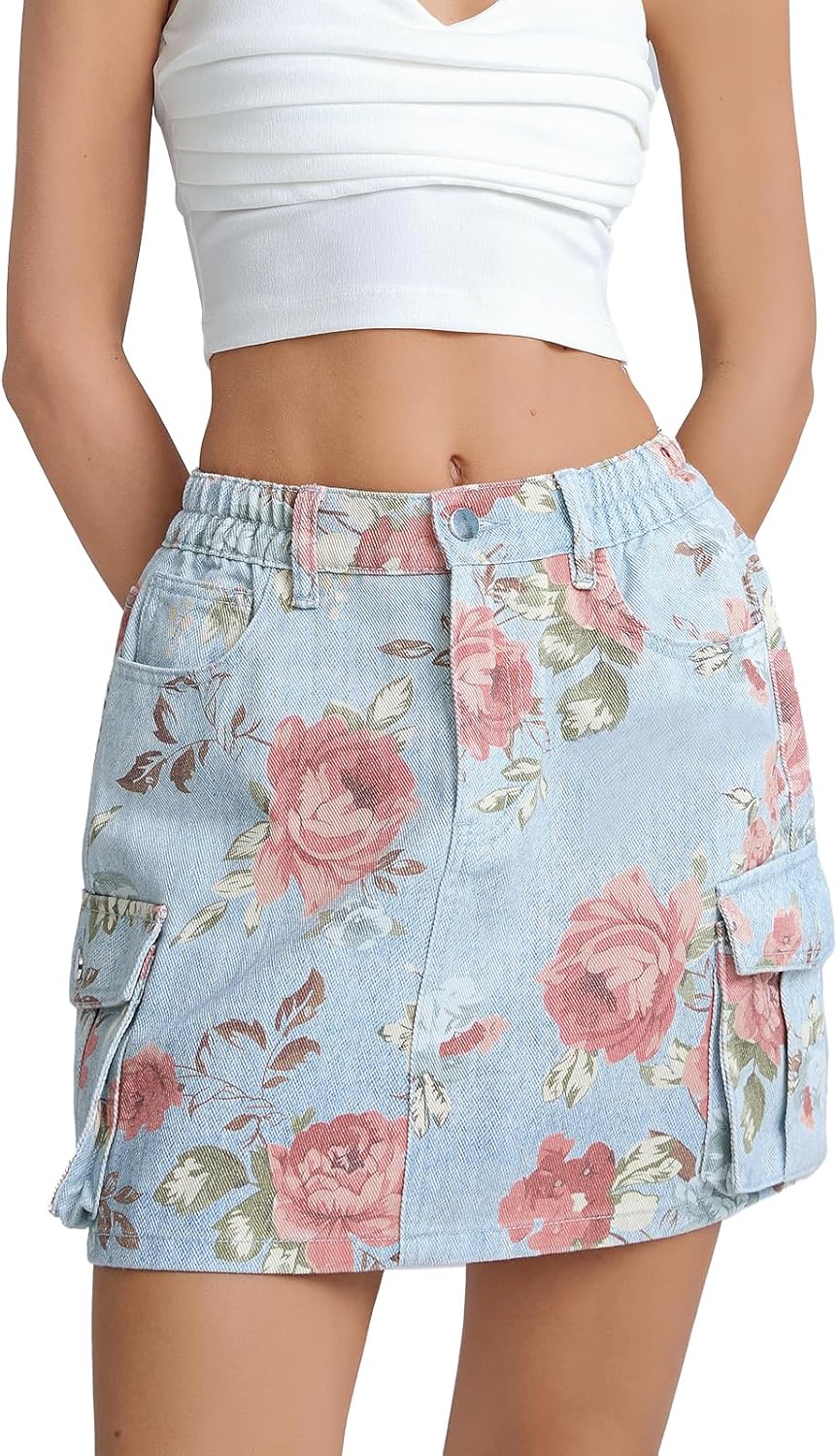 SCOFEEL Women's Floral Print Cargo Skirt Y2K Elastic Waist Denim Mini Skirt Casual 2026 Jean Skirts with Flap Pockets
