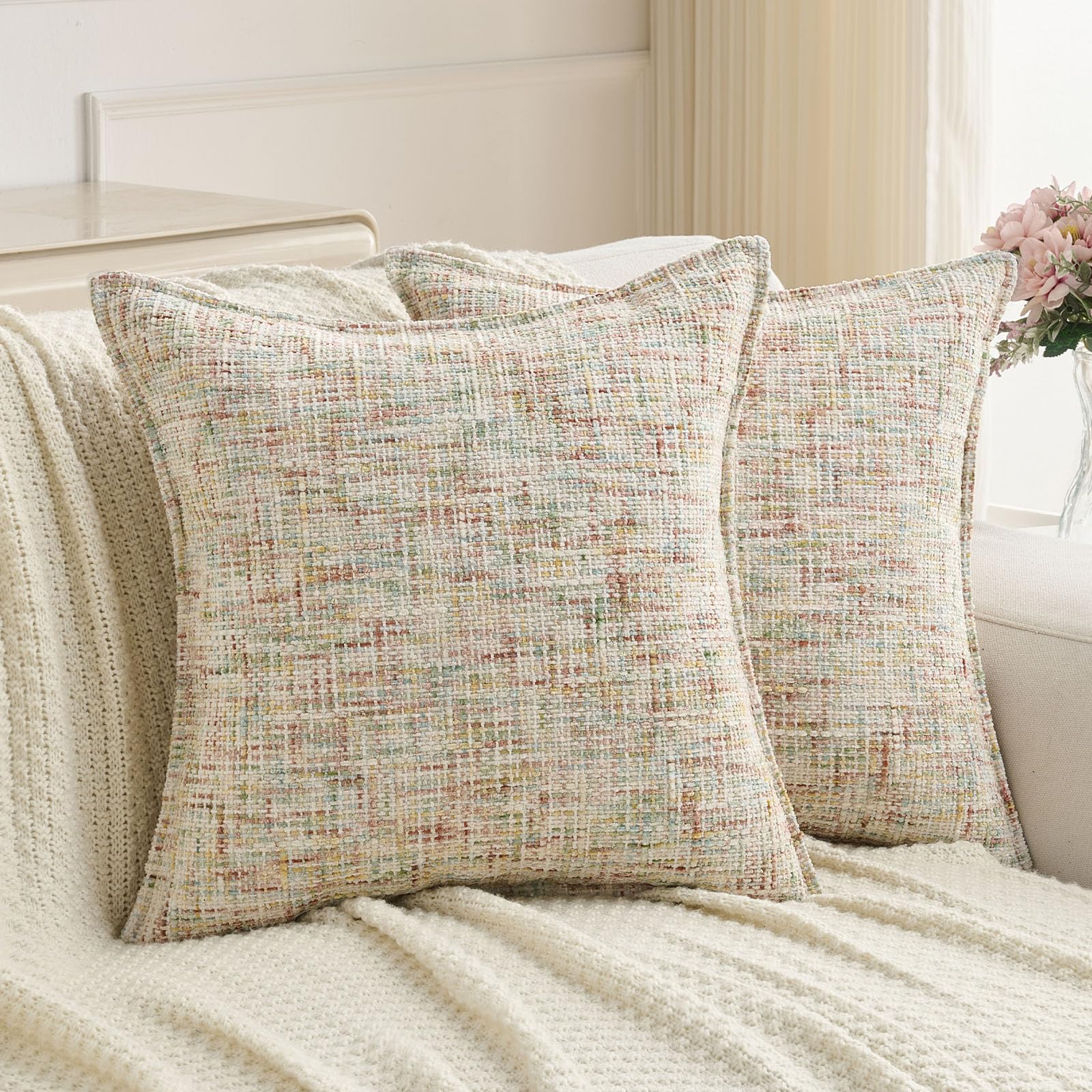 FUTEI Set of 2 Soft Tweed Chenille 50x50 cm Cushion Covers Farmhouse Micro-Check Textured Scatter Pillow Covers 50 x 50 cm Vintage Accent for Sofa Bed Living Room, Colorful