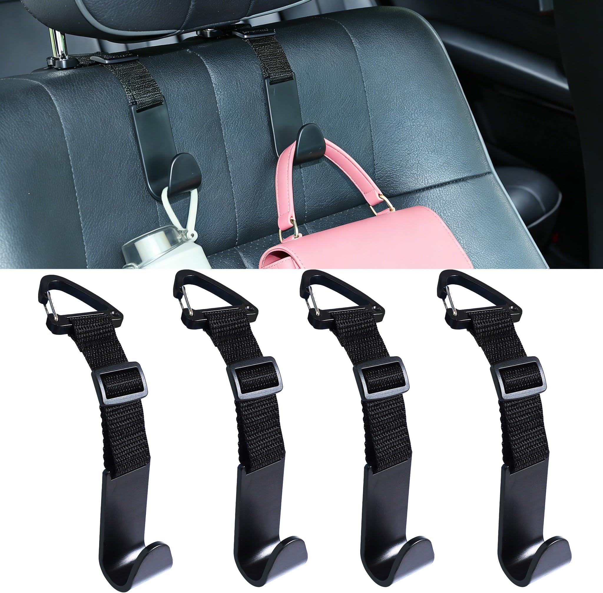 Adjustable 4-Pack Car Headrest Hooks - Universal Seat Back Organizer with Heavy-Duty Clip for Purses, Bags & Groceries Black