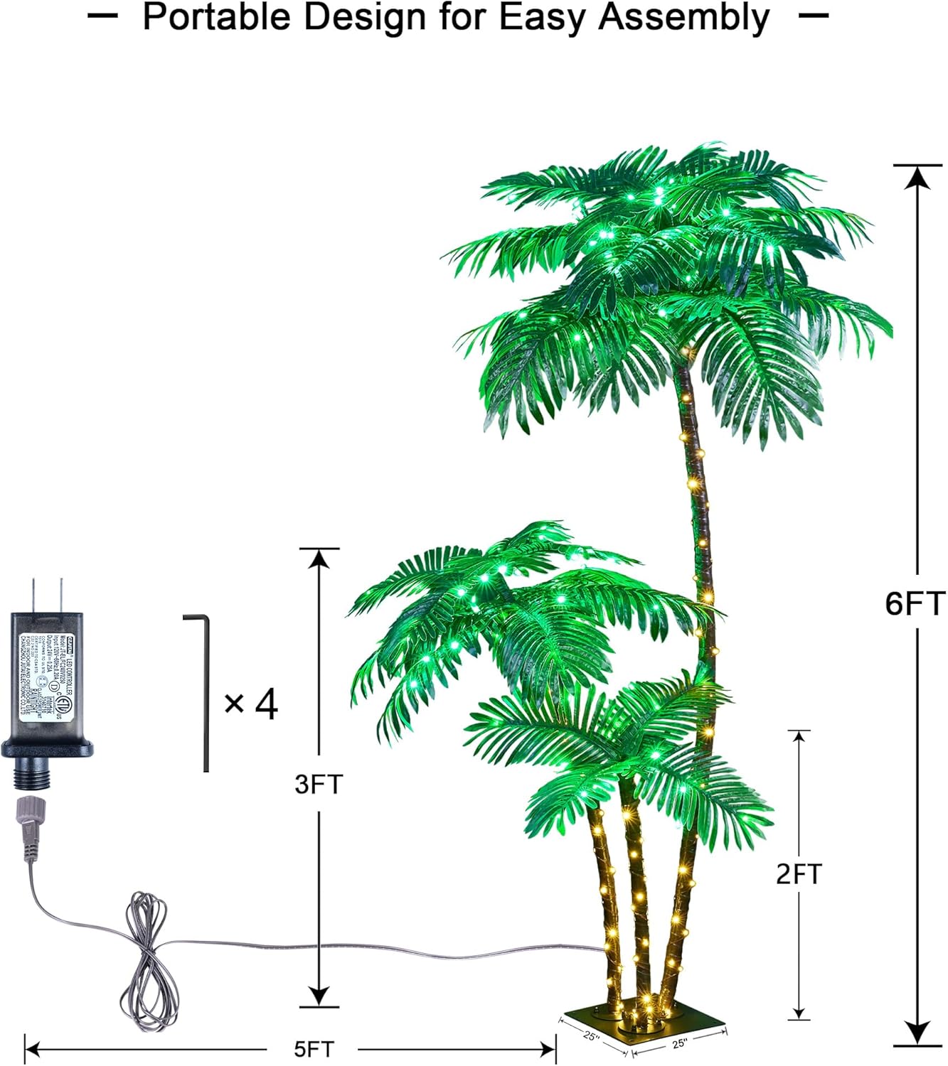 Lighted Palm Tree 6FT 3FT 2FT Artificial Palm Decor for Outdoor 203 LED Light up Fake Tree for Indoor Outside Patio Hawaiian Tiki Bar Decoration