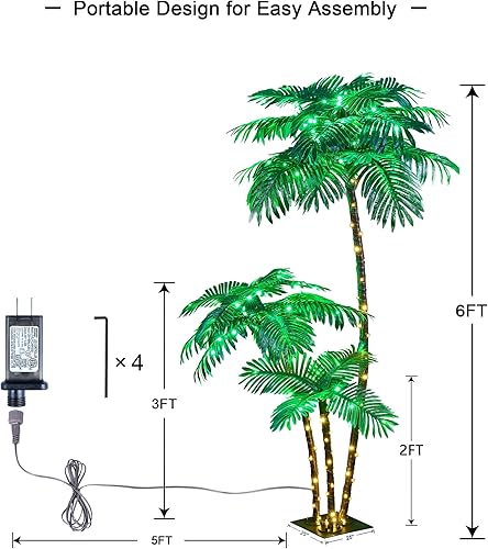 Miniatura 5 de Palmera artificial iluminada de 6 pies, 3 pies y 2 pies, decoración de palmera artificial para exteriores, 203 luces LED, árbol falso para
