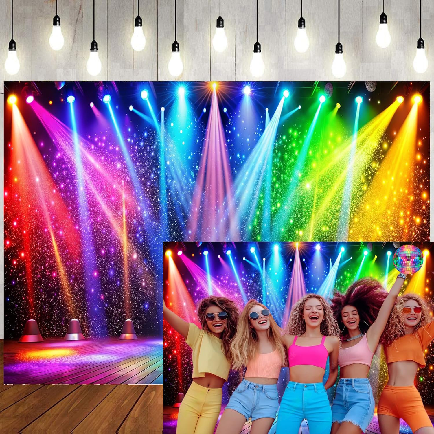 LTLYH 7x5ft Fabric Disco Rainbow Stage 70s 80s 90s Backdrop Vintage Lights Photography Background Rock Music Club Neon Glow Party Decorations Photo