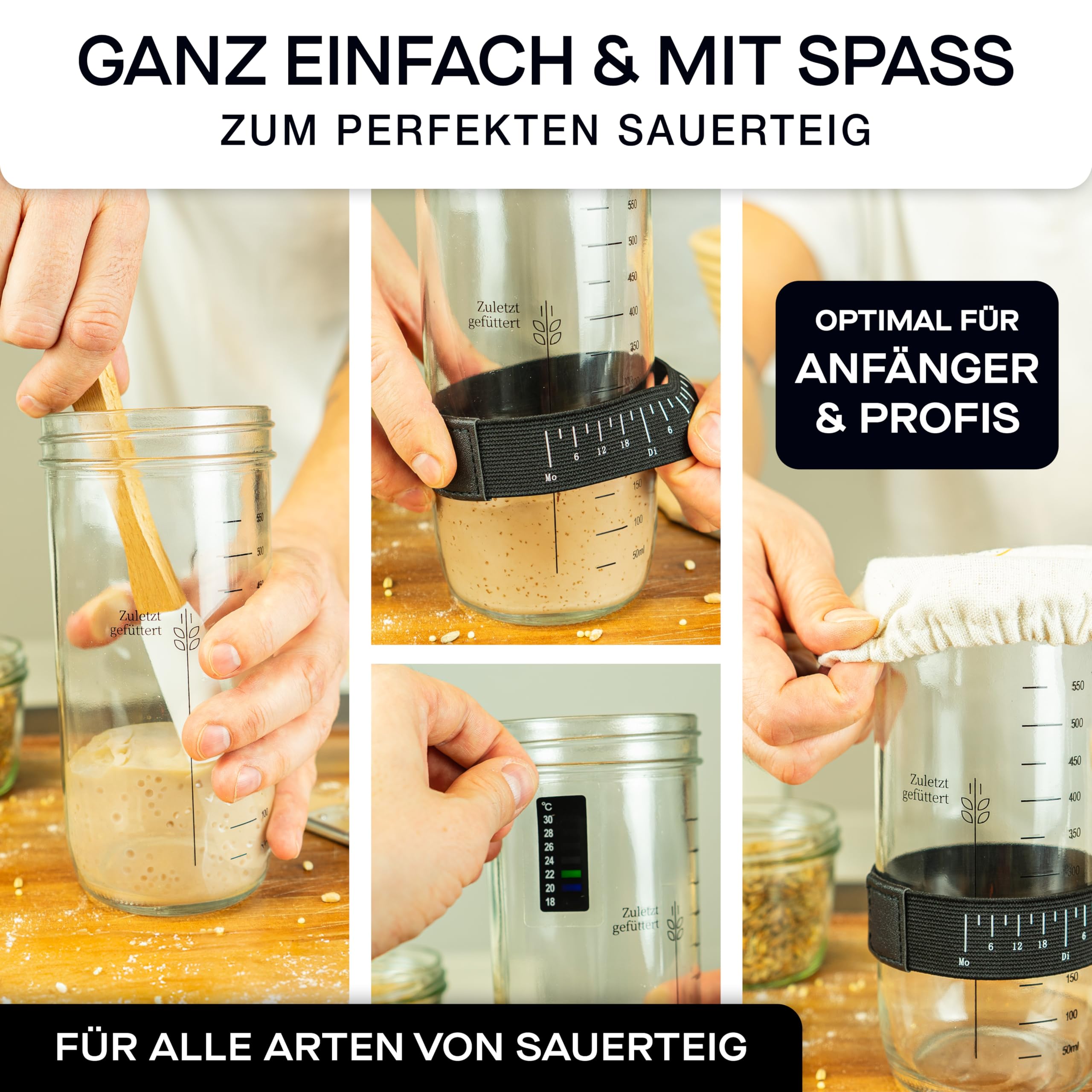 besøk Sauerteig Starter Set - 600ml Gärglas mit Spatel u. Thermometer - Brot Backen Zubehör, Sauerteig Glas, Fermentieren, Sourdough Starter Kit, Anstellgut Glas Behälter, Fermentierglas